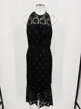 Vintage 90s Sean Collection Black Beaded Lace Halter Midi Dress S